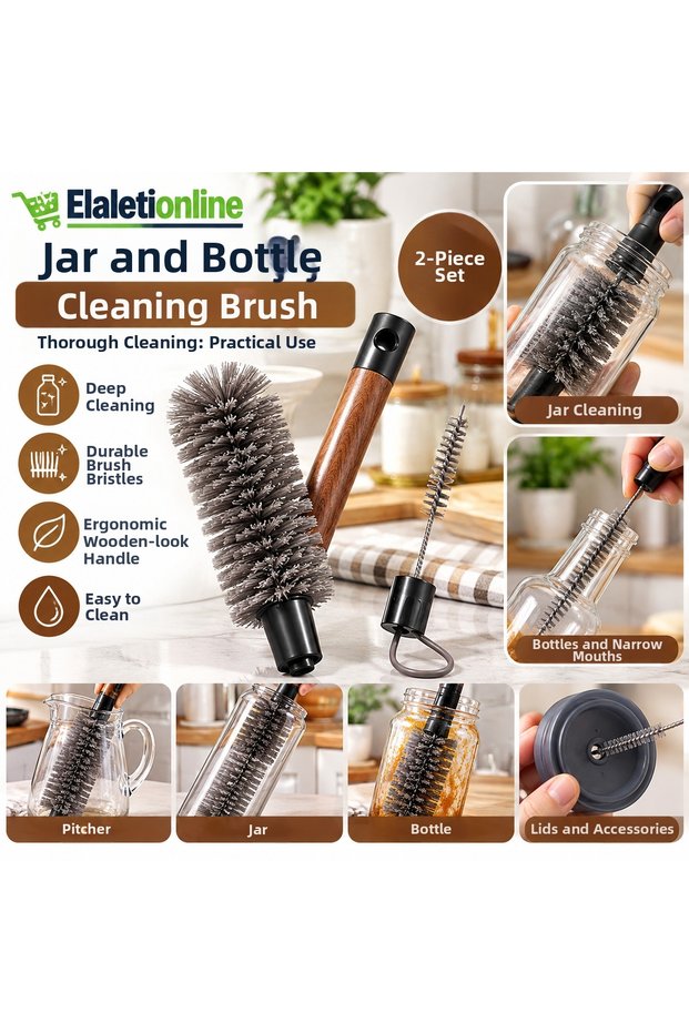 Jar and Bottle Cleaning Brush 2-Piece Set – Wooden Look Handle, Narrow Mouth Bottle, Thermos, Jug, and Kitchen Cleaning Brush