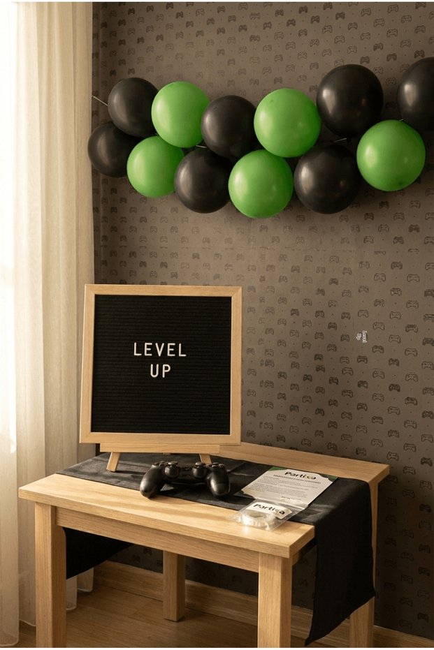 Gamer Video Game Birthday Decoration Mini Set Black Felt Writing Board with Stand and Balloon Chain