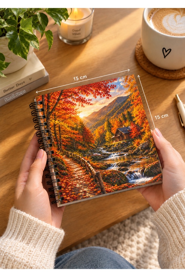 Autumn Golden Valley Themed 15X15 Square Flexible Cardboard Cover Metal Spiral-Bound Checkered Notebook Autumn Golden Valley Themed Notebook