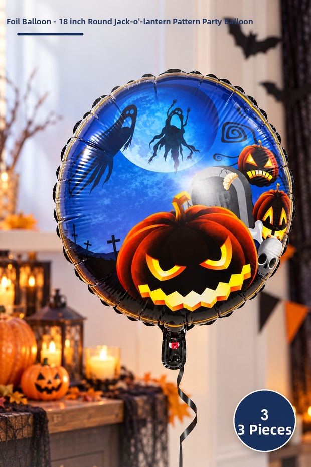 3 Pieces of Foil Balloons – 18 Inch Round Pumpkin Patterned Party Balloon, Halloween Pumpkin Balloon, Themed Decoration and Organization Accessory