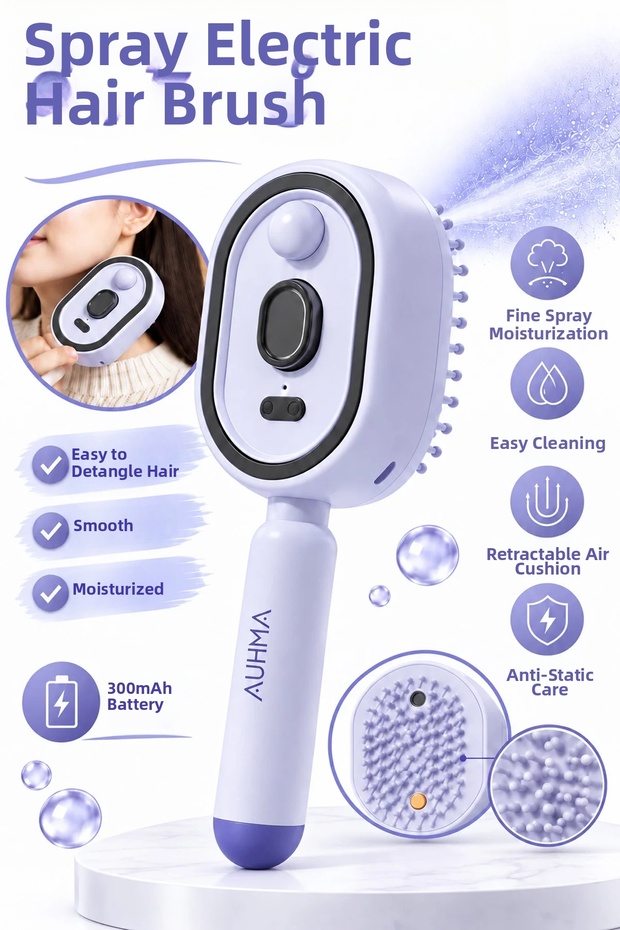 Electric Hair Comb with Spray 10ml Water Oil Container Antistatic Hair Care Brush Anti-Frizz