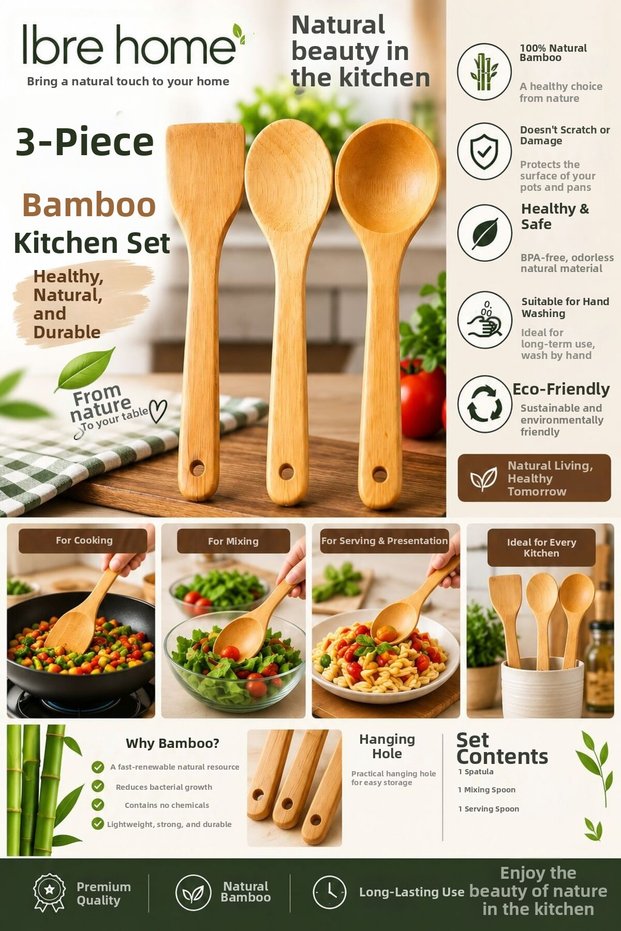 3-Piece Bamboo Kitchen Utensil Set - Natural Bamboo Spatula, Mixing Spoon, and Serving Ladle - Non-Scratch, Durable