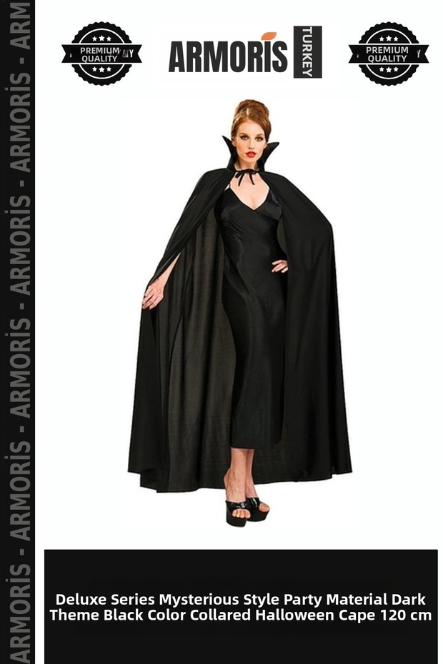 Delux Series Mysterious Style Party Accessory Dark Theme Black Color Halloween Cape with Collar 120 cm