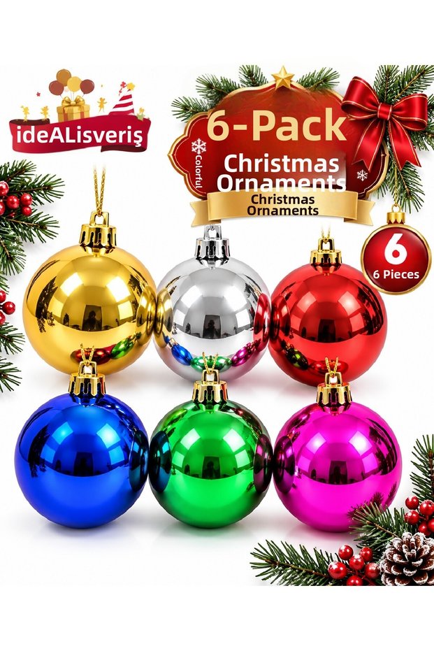 Set of 6 Silver Red Gold Mixed Christmas Tree Ornaments 5 cm – 3 Matte 3 Shiny Gold Color Pine Tree Ornament Balls Set Christmas Tree Ornament