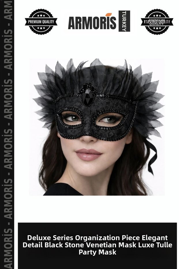Delux Series Organizational Piece Exquisite Detail Black Stone Venetian Mask Luxury Tulle Party Mask