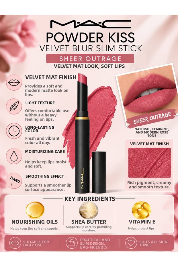 Powder Kiss Sheer Outrage 2 g – Silky Textured and Soft Matte Finish Lipstick