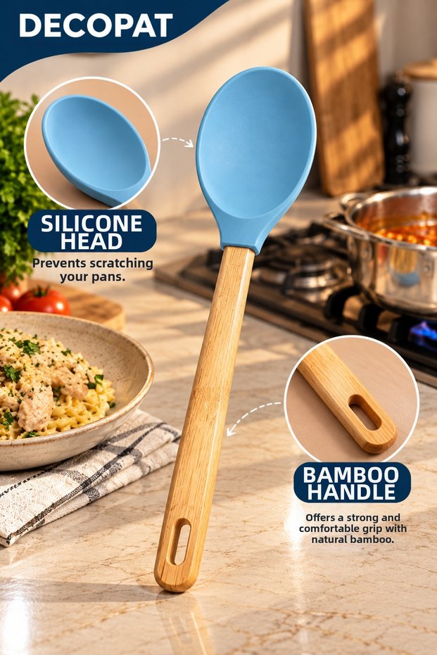 Bamboo Handle Kitchen Spoon with Silicone Head – Ergonomic and Practical Food Mixing Spoon
