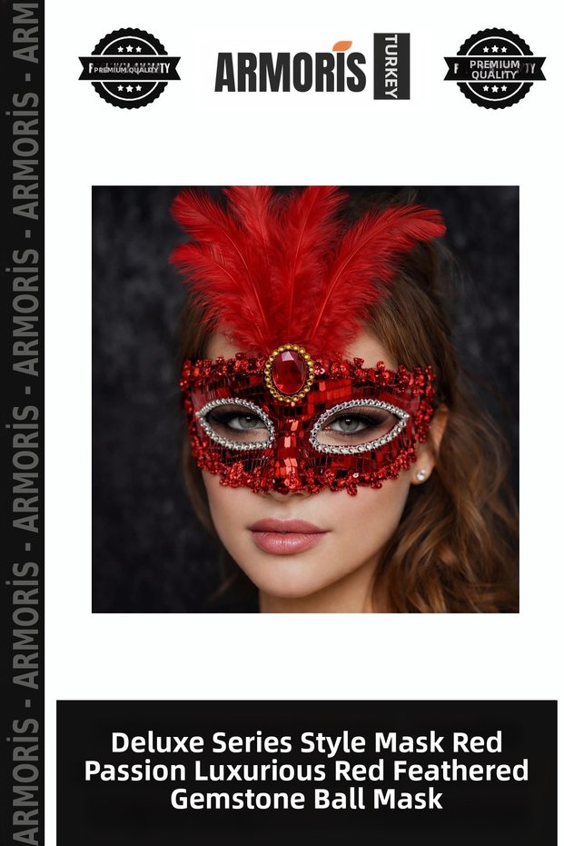 Delux Series Style Mask Red Passion Luxury Red Feathered Stone Prom Mask