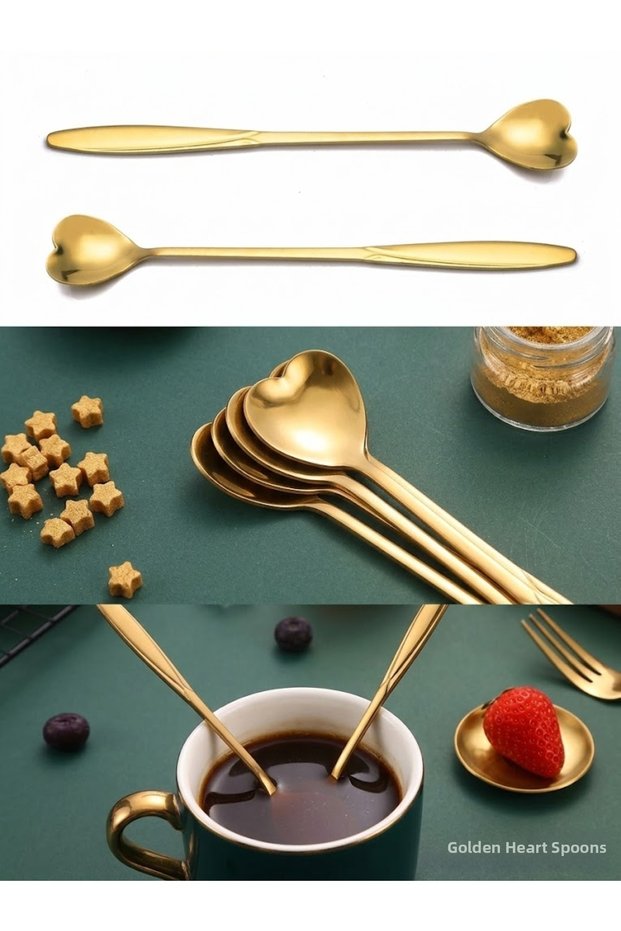 4Pcs Heart-Shaped Long Coffee Spoons,Stainless Steel Latte Macchiato Spoon,Tableware for Coffee,Tea,Dessert,Milkshake,Hot & Cold Drinks,Gold