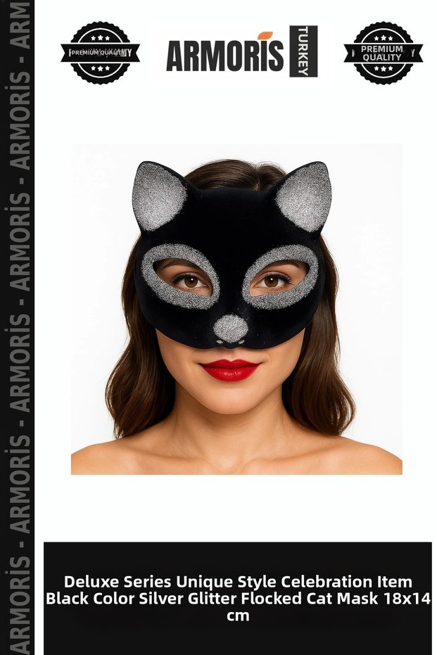 Delux Series Different Style Celebration Item Black Color Silver Glitter Suede Coated Cat Mask 18X14 cm