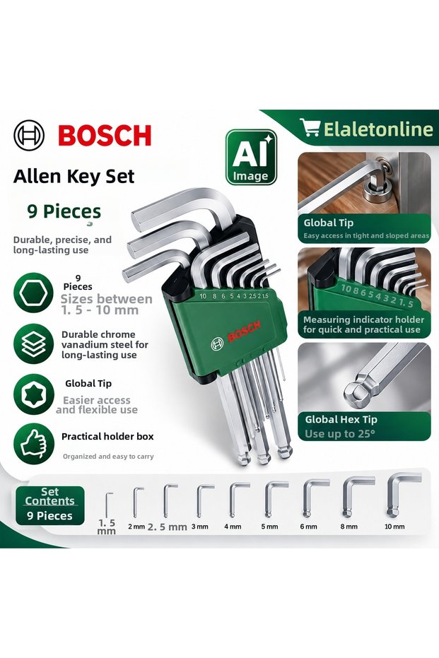 9-Piece Allen Key Set – Long Type, Ball-End Allen Set