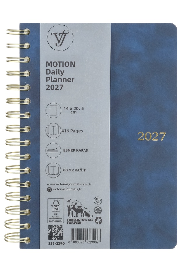Motion-2027 Daily Planner A5 - Spiral-Bound Vegan Leather Flexible Cover - Navy Blue