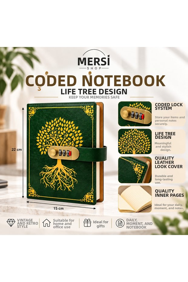 Encrypted Tree of Life Patterned Leather Look Notebook 22X15 cm Vintage Locked Diary Memory and Note Book Retro Gift 1 Piece
