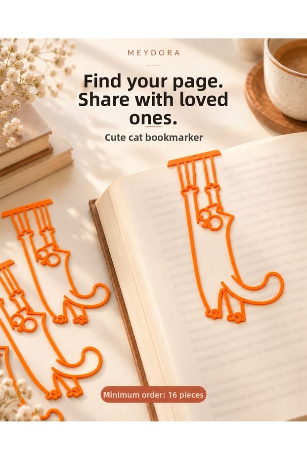 Meydora Cute Cat Bookmark – Gift for Book Lovers, Black 3D Printing – 16 Pieces