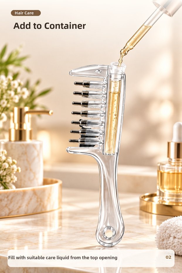 Serum Application Comb for the Bottom of the Hair – Transparent Care Comb with Reservoir, Practical Hair Care Comb with Massage Head and Liquid Reservoir, Skin Care Hair Care