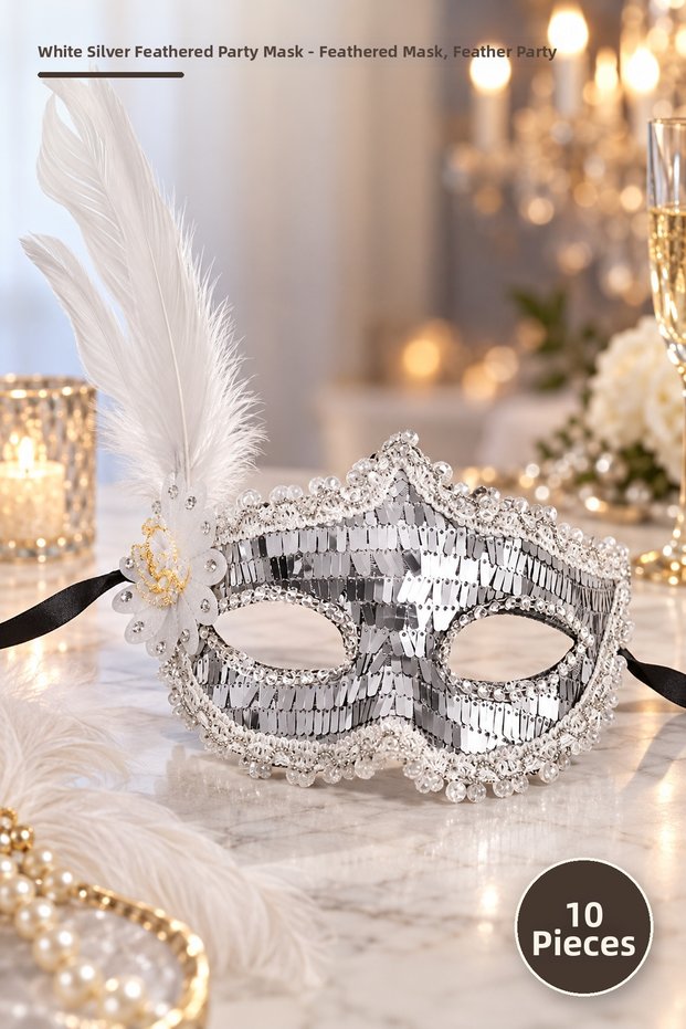 10 Pieces White Silver Feather Party Mask – Feather Mask, Feather Party Mask, Plastic Body, Silver Detailed Costume Accessory, Masquerade and Special Event