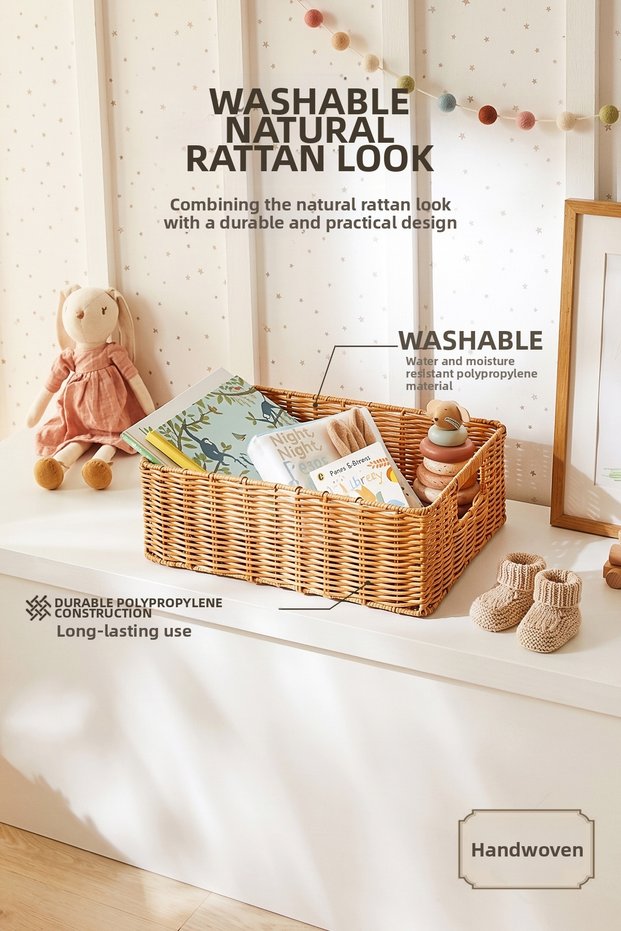 Children's Room Washable Beige Pp Rattan Closet Laundry Toy Organizer Storage Basket Organizer 39X29X13