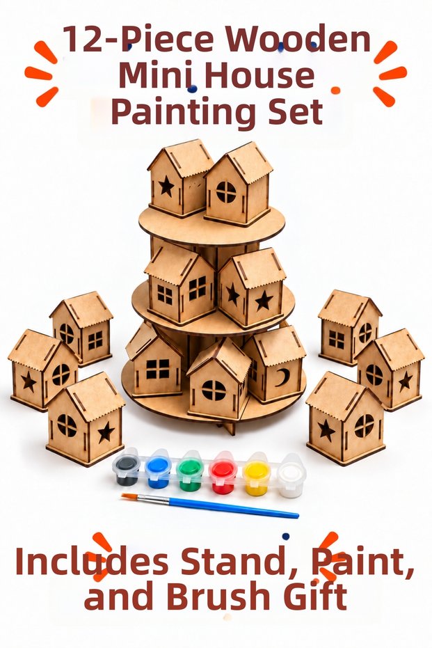 12-Piece Wooden Mini House Painting Set – Children's Activity and Hobby Set with 3-Tier Stand, Paint and Brush as Gifts