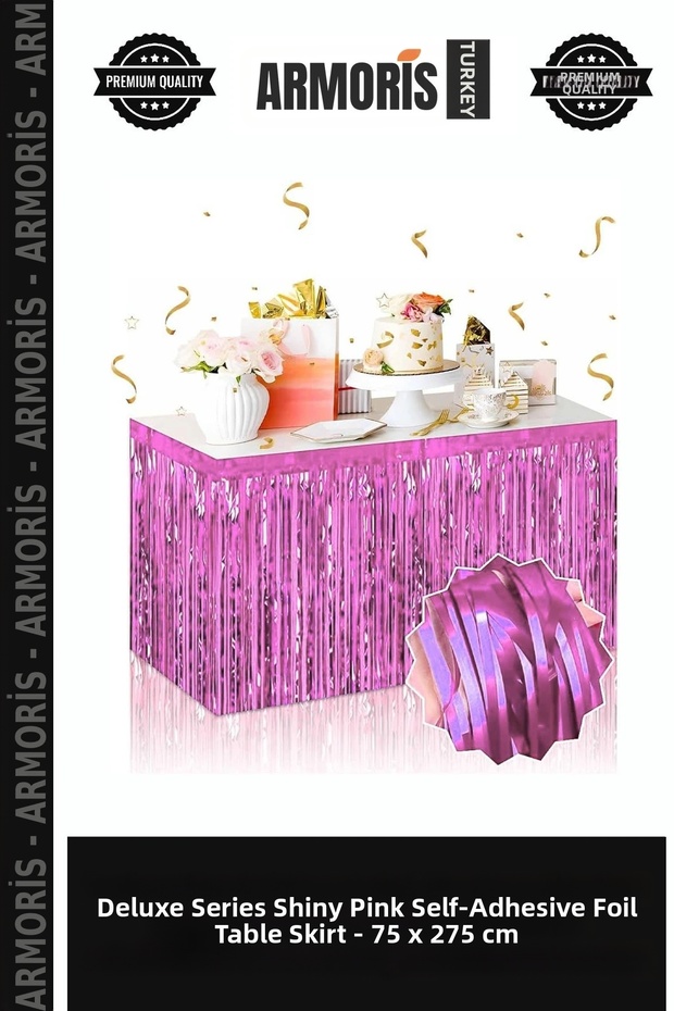 Delux Series Shiny Ornamental Self-Adhesive Pink Metallic Tasseled Table Skirt – 75 X 275 cm