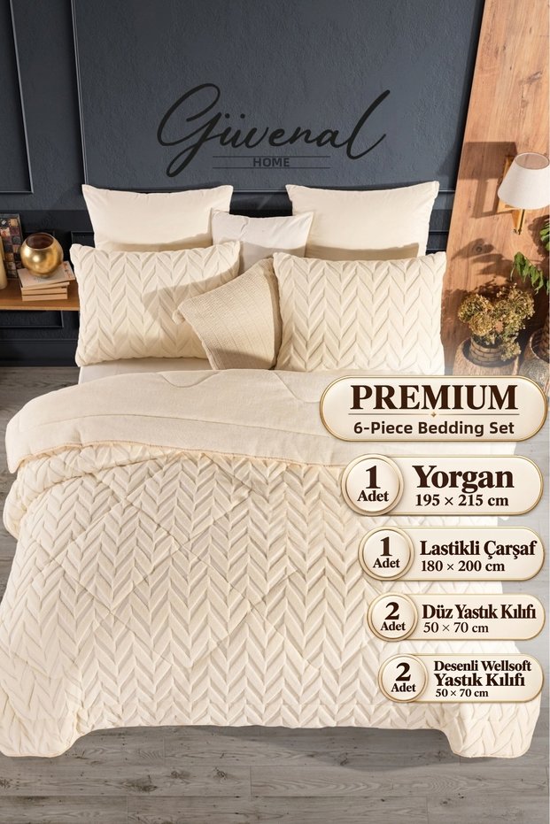 Winter | Double 6-Piece Wellsoft Sleeping Set with Premium Bag | 195×215 cm Quilt | Elastic Fitted Sheet | 4 Pillowcases | Dowry | Bed | Home Textiles
