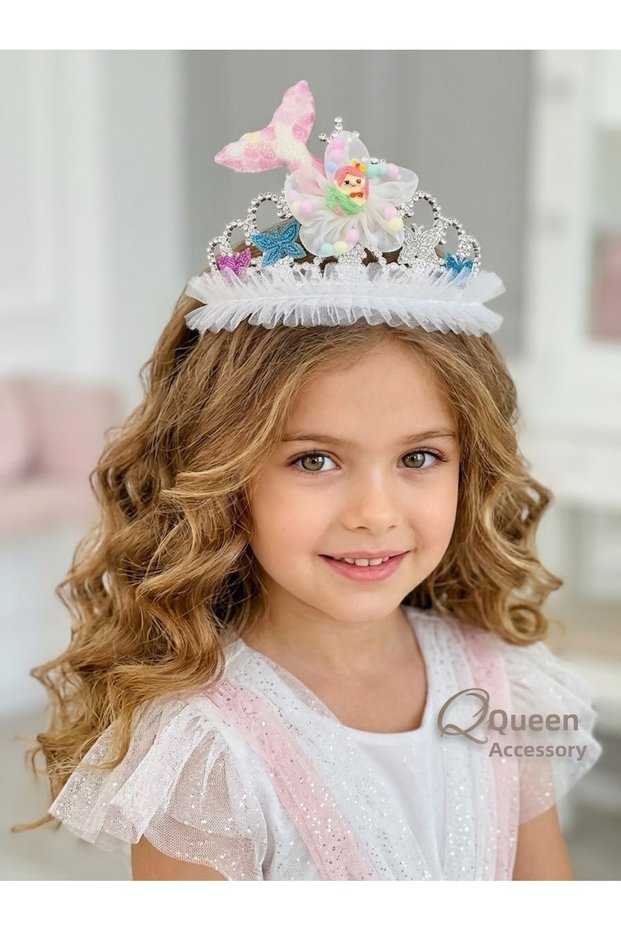 Design White Tulle Princess Crown Mermaid Rainbow Tailed Girl Children's Birthday Party Crown