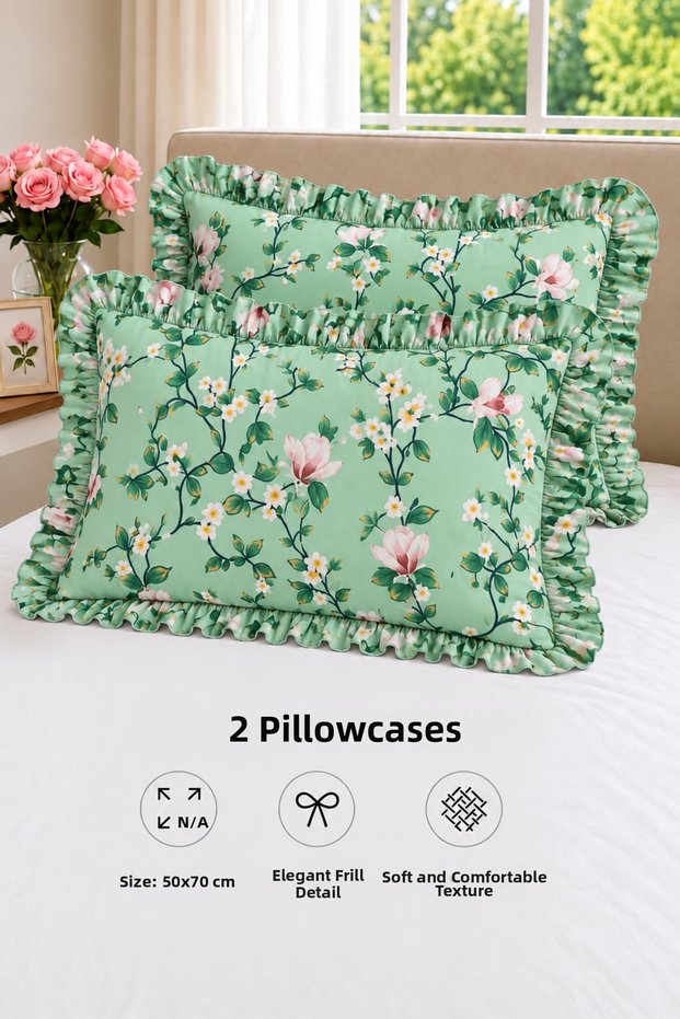 Double Cotton Ruffle Pillowcase Green