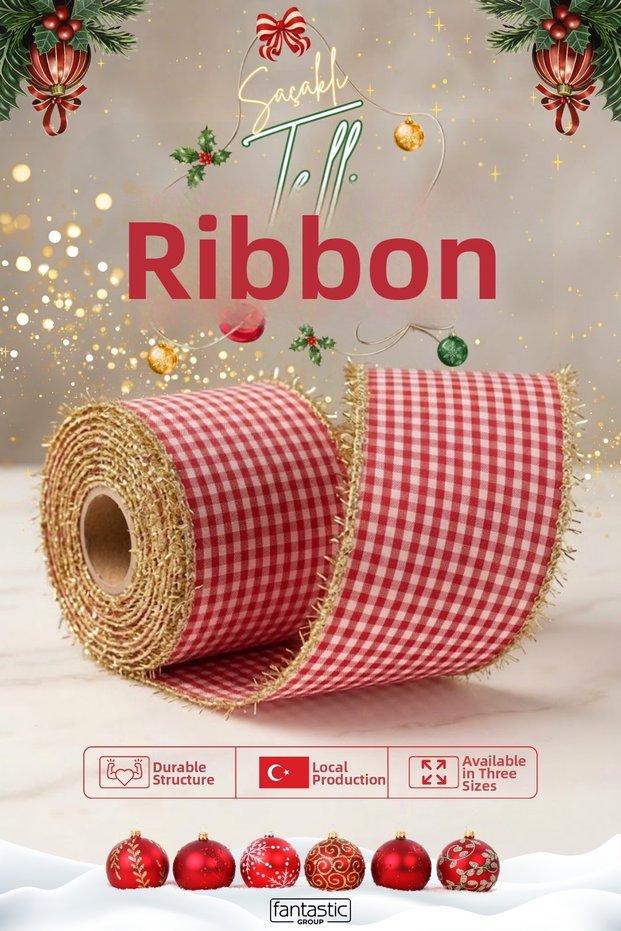 Christmas Plaid Glitter Fringed Wire Woven Ribbon 5 Meters – Gold Fringed Steel Wire Voluminous Bow and Tree Decoration Ribbon