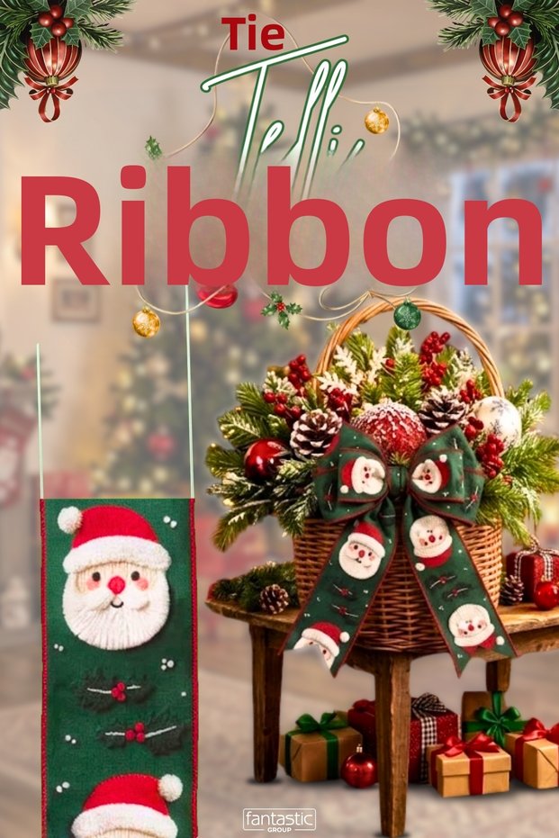 New Year Santa Claus Patterned Wire Fabric Ribbon 5 Meters – Steel Wire 3D Embossed Effect Voluminous Bow and Tree Decoration Ribbon