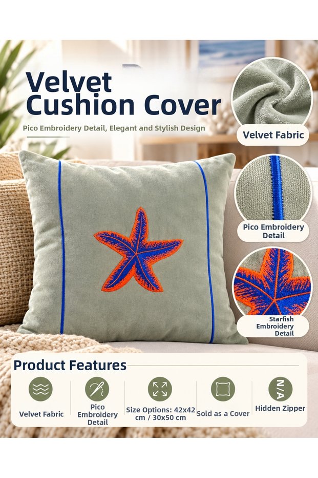 Starfish Embroidered Velvet Textured Throw Pillow Cover – Marine Decorative Pillow Cover
