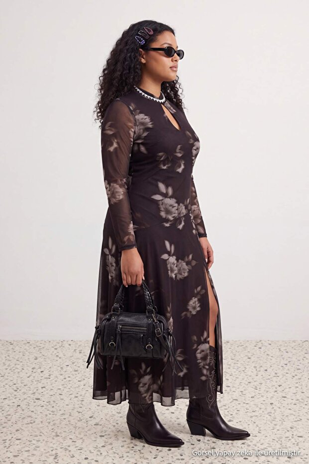 Brown Hakim Collar Floral Patterned Tulle Knitted Plus Size Dress Tbbaw27Ah00095