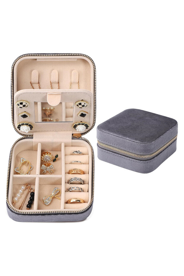 GRAY Velvet Travel Jewelry Box, Mini Travel Jewelry Case, Small Portable Travel Jewelry Organizer Bo