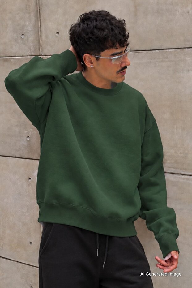 Khaki Crew Neck Oversize Basic Men's Sweatshirt 6048