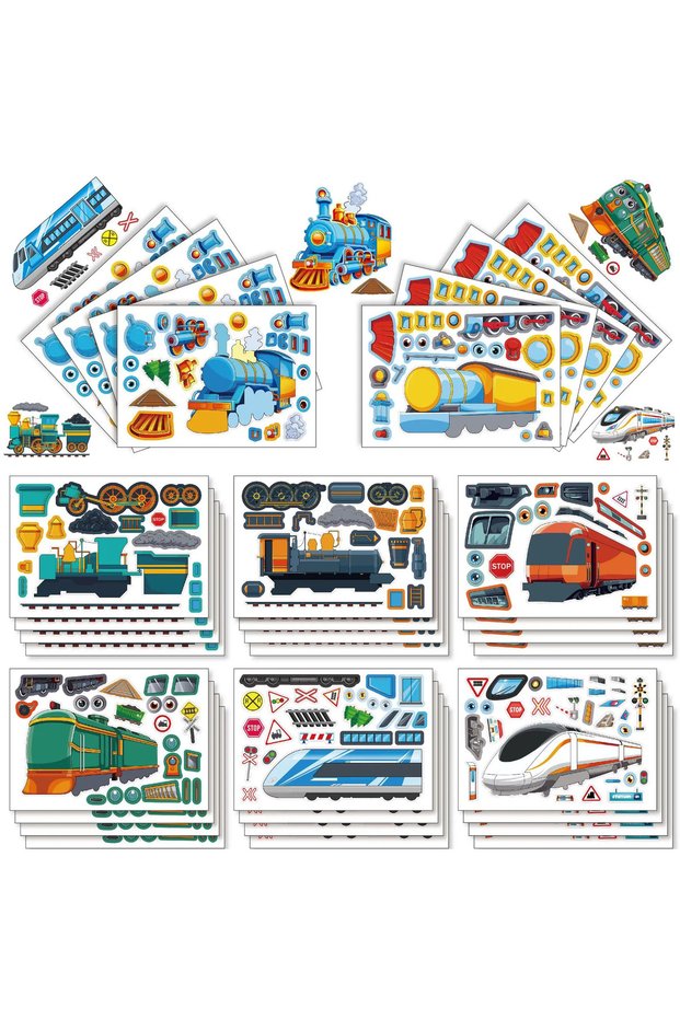 16sheets 8/16Sheets Train Carriage Parent-Child Interactive Cartoon Puzzle Sticker DIY Face Sticker