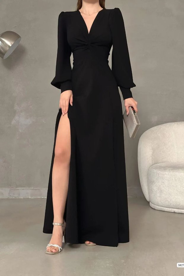 Black Strappy Slit Straight Dress