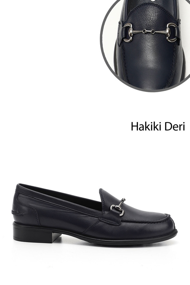 Women's Navy Blue Antique Buckle Genuine Leather Loafer Shoes