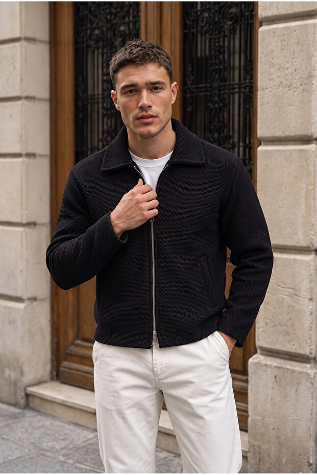 Cantona Polo Collar Steel Knit Double Pocket Men's Jacket - Black