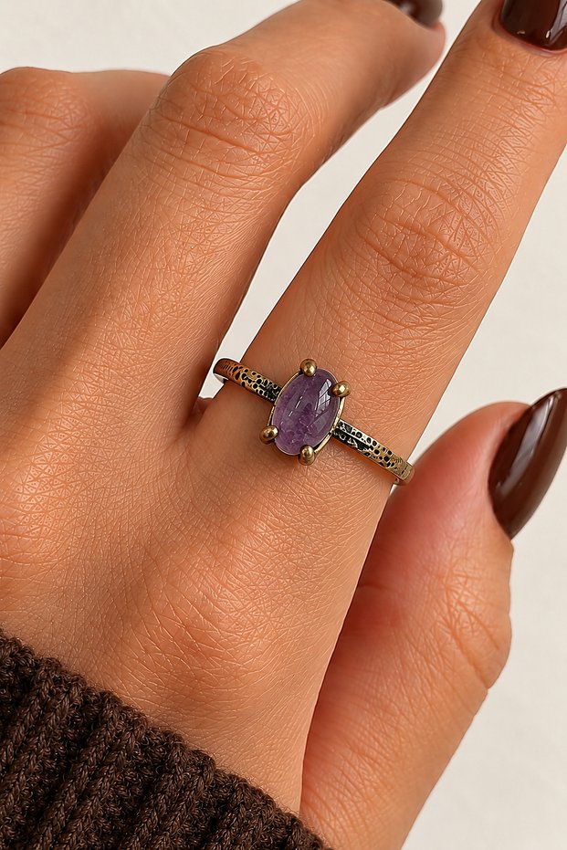 Natural Amethyst Stone High Oval Bronze Adjustable Women's Vintage Ring Does Not Tarnish