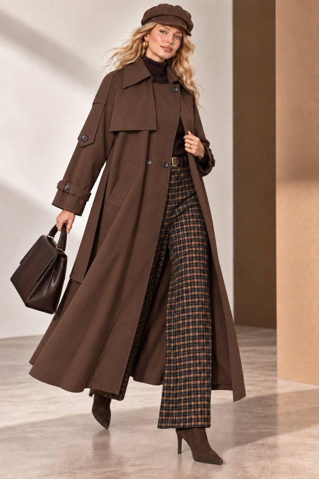 Premium Quality Brown Cape Detailed Oversized Long Trench Coat with Belt and Back Slit