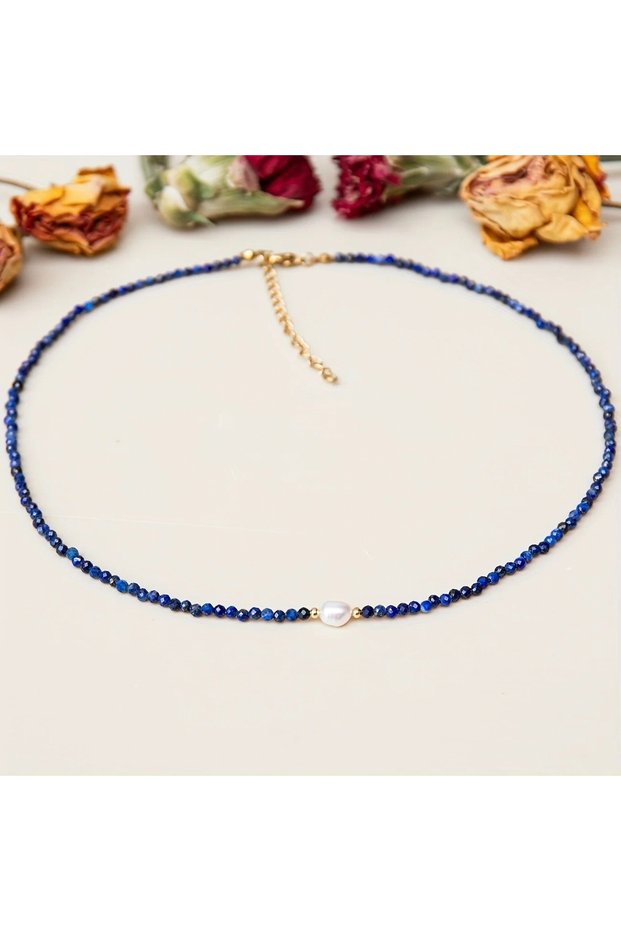Blue 45cm 1pcs The best-selling natural stone 3mm faceted lapis lazuli + pearl pendant necklace as a