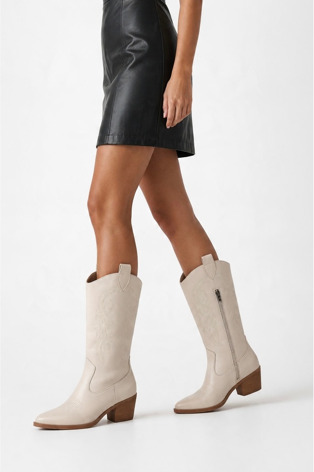Matte Leather Embroidered Zipper Detailed Western Cowboy Boots Beige
