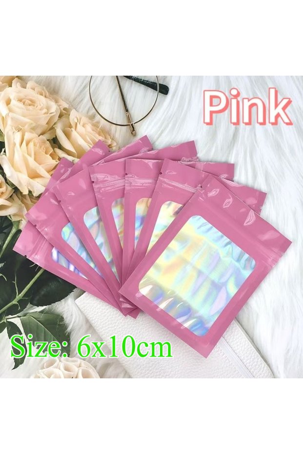 100pcs Pink-6x10cm 10-100Pcs Laser Iridescent Zip Lock Bags Cosmetic Plastic Laser Pouches Gift Zipp