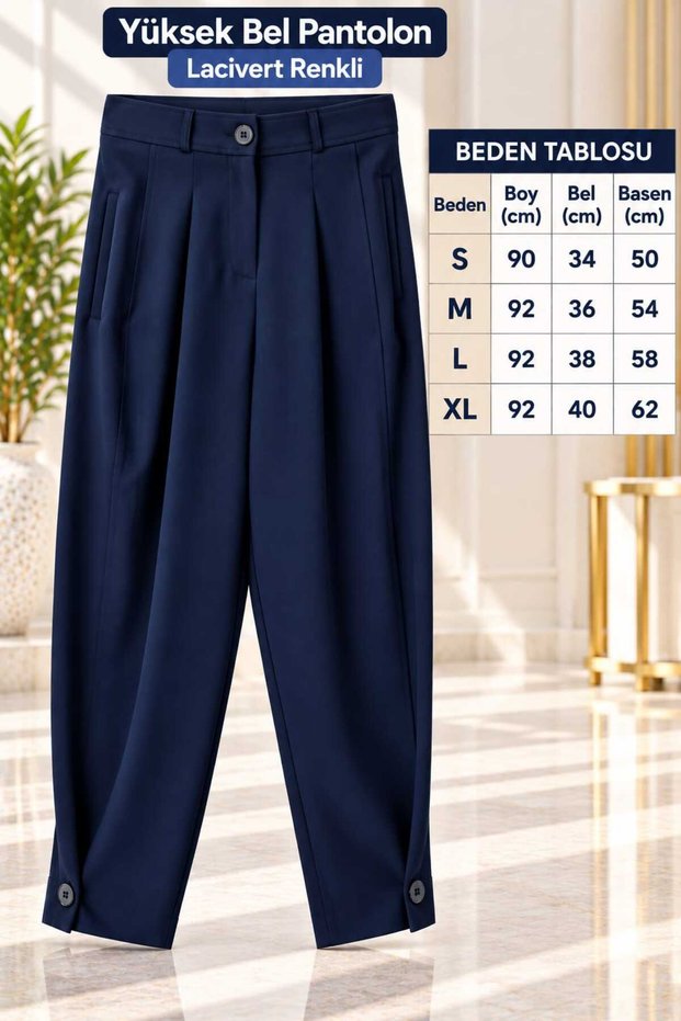 Pleated Zaramodel Navy Blue Pants with Stylish Button Detail, Carrot Type