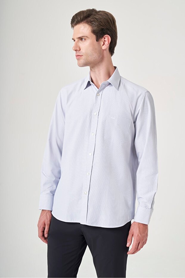 White-Blue Hard Collar Long Sleeve Pocket Comfort Fit Cotton Shirt 1004260223