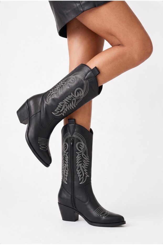 Matte Leather Embroidered Zipper Detailed Western Cowboy Boots Black White