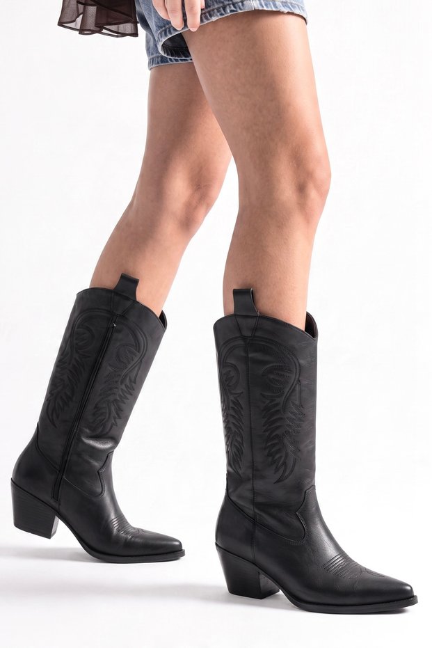 Matte Leather Embroidered Zipper Detailed Western Cowboy Boots Black