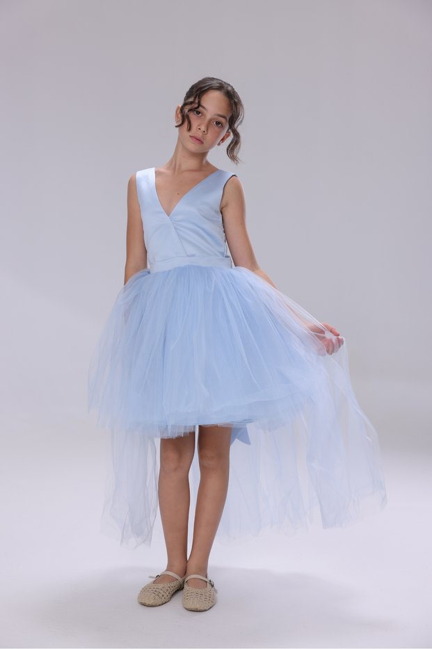 Girls' Tulle Evening Dress with Train – Birthday and Special Occasion Dress