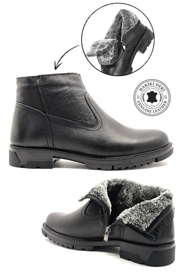 Men's Black Fur Lined Warm Lining Zippered Genuine Leather Boots 4249