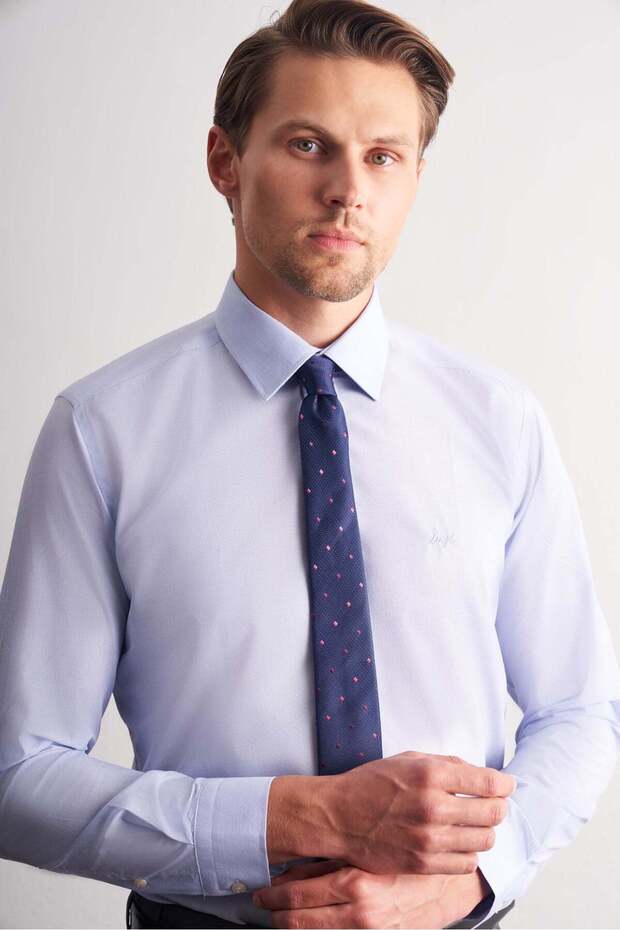 Men's Blue Long Sleeve Hard Collar Cotton Slim Fit Shirt 1004240008