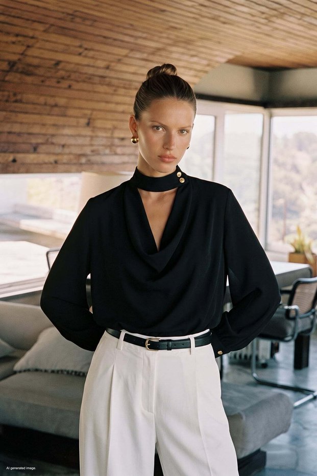 Plunging Neck Blouse - Black