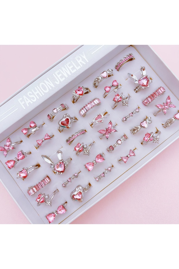 resizable Mix Style 10Pcs Pink Synthetic Zircon Heart Love Butterfly Rings Set For Women Mix Style F